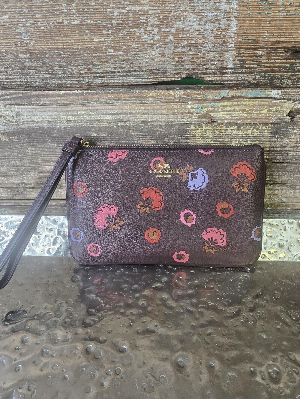 Coach Floral Print Coated Canvas Large Wristlet Burgundy Multicolor